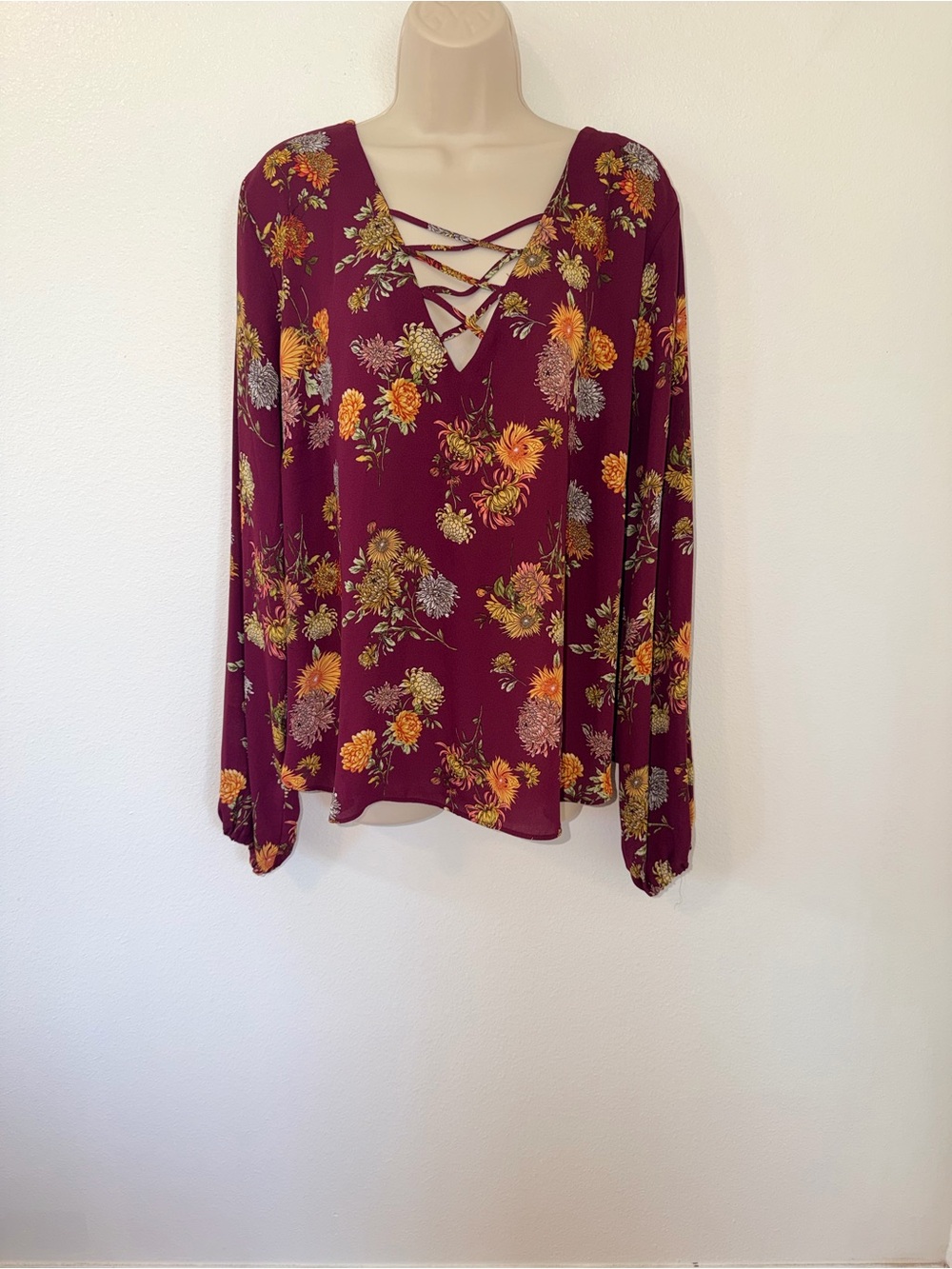 Forever 21 Burgundy Floral Lace-Up V-Neck Blouse